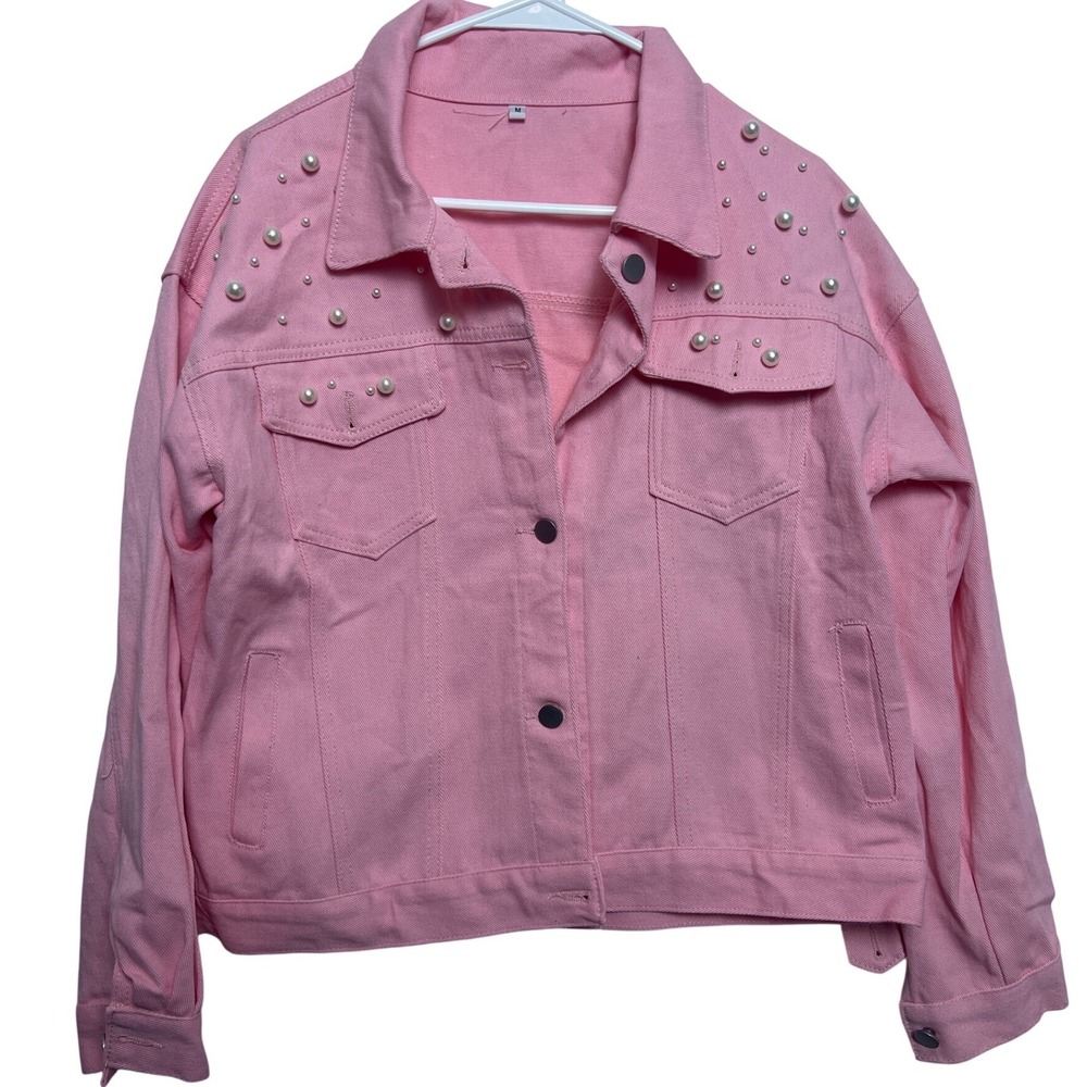 Pink‎ Pearl Embellished Denim Trucker Jacket Womens Medium Boxy Fit Pink Denim
